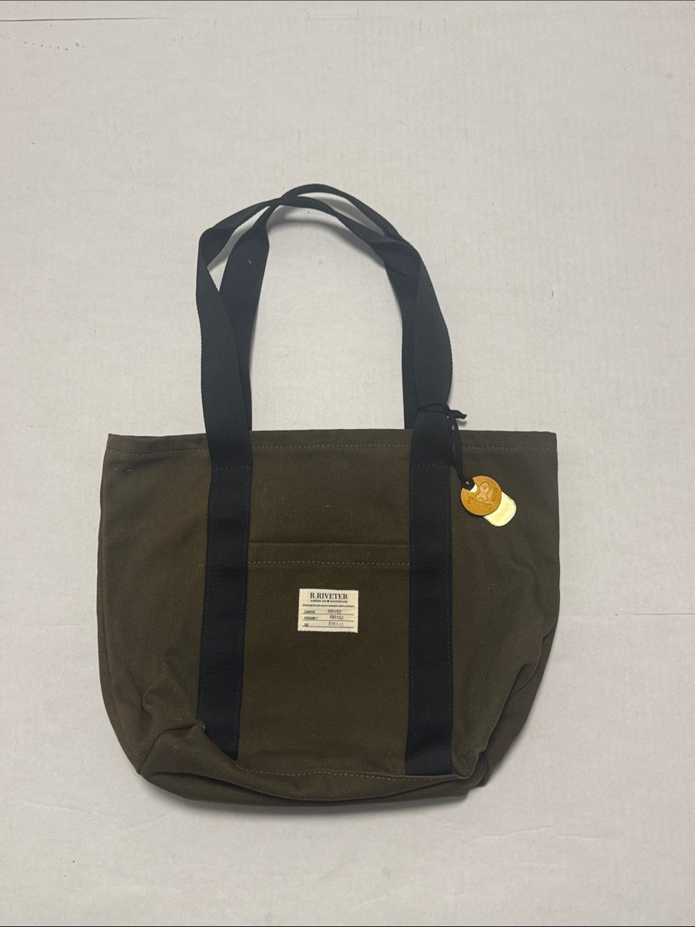 R. Riveter Olive Canvas Duffel Tote with Black Straps